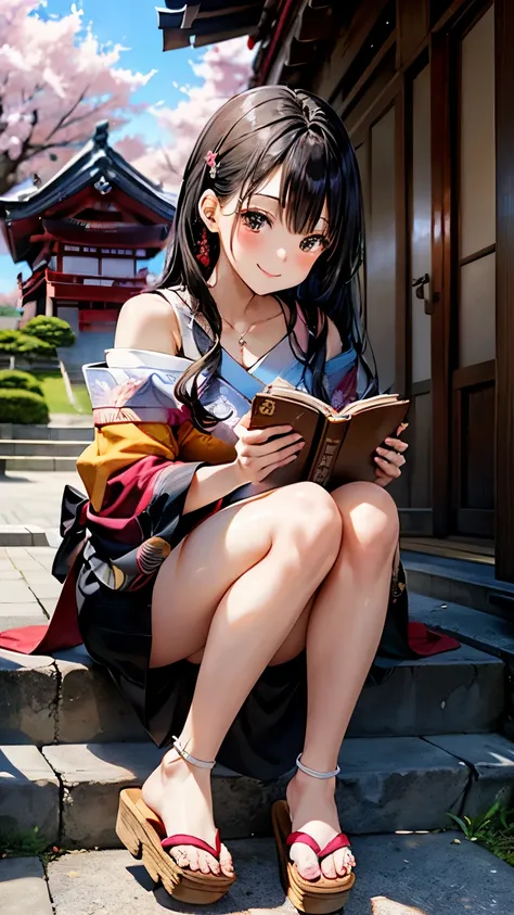 A full-body illustration of a cute young woman shown from head to toe, wearing a modern off-shoulder dress with a mini skirt that incorporates traditional Japanese patterns. She is wearing footwear that includes traditional Japanese elements, such as tradi...