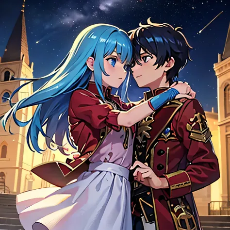A girl with blue eyes and light blue hair, red blouse with gold plates on her body, pink panties, a gold bracelet and white skirt affectionately kissing a boy with short black hair on the lips, ojos marrones, lentes, red jacket with a night castle behind t...