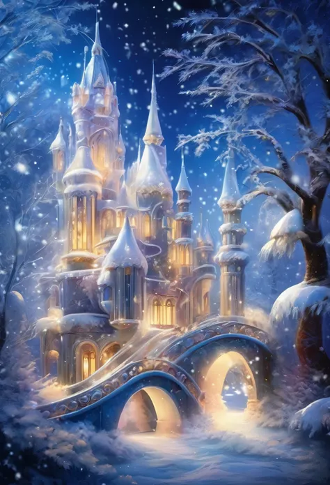 In winter wonderland (There are no charactereautiful  crystal artwork in a winter wonderland with flying snowflakes，Snowflakes are dancing，depth of fieldrings a mysterious and elegant atmosphere, artistic exquisite light tracing, master-class work