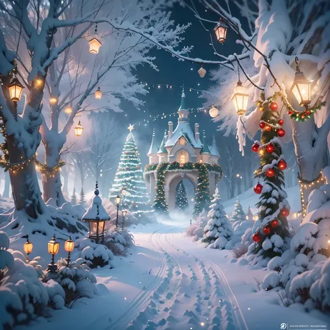 Mysterious fairytale world，((A breathtaking view of the rime))。The earth was shrouded in a thin layer of mist，Its as if its a veil of mystery over the whole world。Elements of Christmas float in the white mist，Like flashing lights、Red flannel and bright sta...