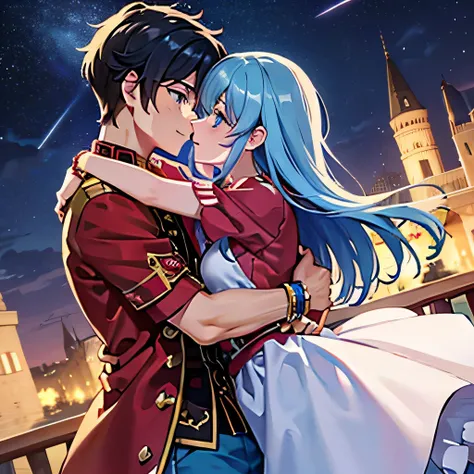 A girl with blue eyes and light blue hair, red blouse with gold plates on her body, pink panties, a gold bracelet and white skirt affectionately kissing a boy with short black hair on the lips, ojos marrones, lentes, red jacket with a night castle behind t...