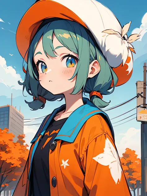 solo, upperbody, orange color curly short twintail, beret, painters clothes, paint stains, maple leaves, arrival of autumn, white cityscape, colorful, blue sky, autumn breeze, (manga style), (sketch), (illustration),