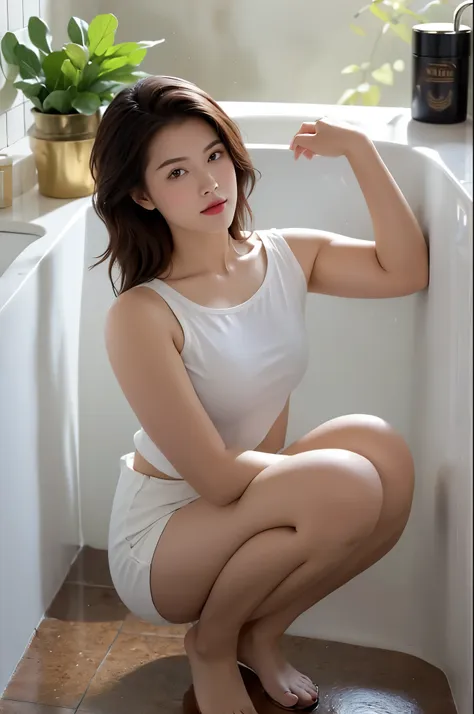 a young woman, dressed in a white t-shirt and a pair of white underwear, squatting in a bathtub filled with water.wet shirt, she...