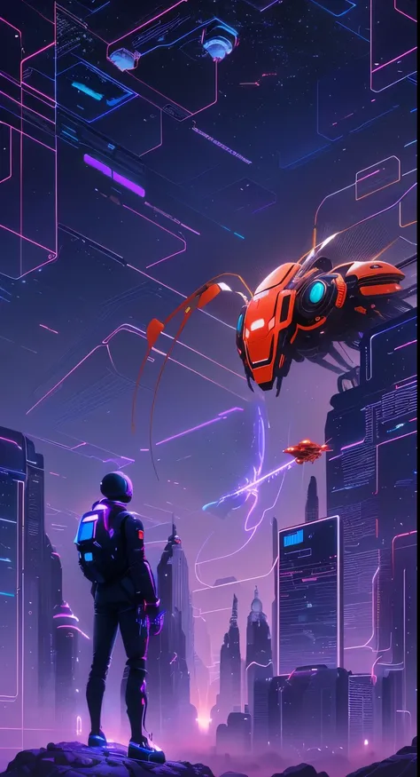 futuristic illustration of a man standing on a rock looking at a giant red ant, beeple!!, artgem and beeple masterpiece, in style of beeple, beeple style, beeple masterpiece, beeple and tim hildebrandt, inspired by Beeple, style hybrid mix of beeple, beepl...