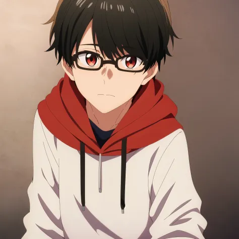 masterpiece, best quality, , 1boy, solo, male focus, looking at viewer, upper body, , tasuku_kuresawa, brown hair, , red eyes, black hoodie, pastle background