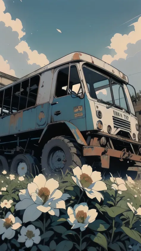 Detailed Machinery、Abandoned Factory、Atrium、(((White Flower Field)))、(((Rusty heavy equipment)))、Gorgeous light leaks、Fog、Detailed Background、Highest quality、(((No humans)))、Broken heavy machinery、Complex heavy machinery、Faint lighting、(((Fluttering white ...