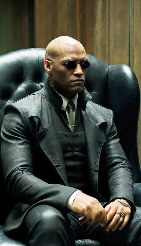 horror-themed,  morpheus solo, black skin, boy, sitting, jacket, male focus, artist name, signature, chair, sblack round sunglas...