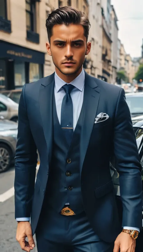 ((from front, full body, look at viewer)),
(best quality extremely detailed),
man,
luxury black suit, tie, gold watch, black hair, buttoning up suit, elegant,
Navy leather business shoes,
(luxury car in background),