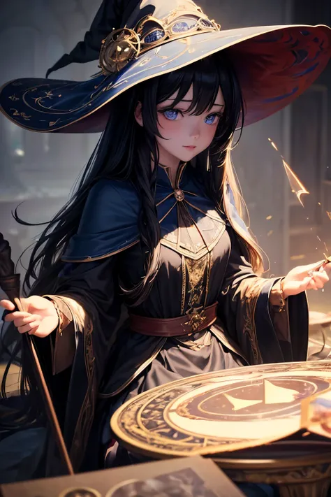 (masterpiece, Best Quality, Best Quality, official art, Beauty and aesthetics: 1.2), (1 girl), Extremely detailed, solo, Long Hair, Look at, Black Hair, Witch Hat, Background blur, far and near method, Decorative art, Impressionism, Shiny Hair, blue eyes, ...