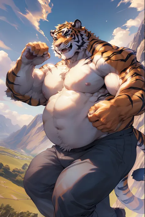 (By Empty Ghost, From thebigslick, By Dark Gem, Will chase), High-quality photos, Perfect anatomical structure, (duo:1.6), (Tiger print), bara tiger, tiger, 30 years old, large pectoral, (massive pectoral muscles), strong physique, chubby, big belly, perfe...