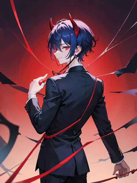 A handsome man, looking from the back, point of view, demon, butler, sly smiling, red crimson eyes color, dark blue hair color, demon horns, demon tails, wearing black gloves, web string wrap around him, puppeteer, controlling himself, strings himself, pla...