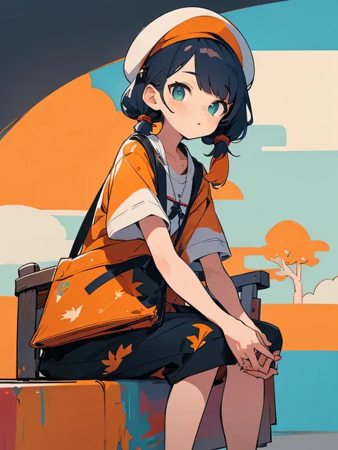 (from front view,)solo, sitting on a bench, sketching, canvas, park, orange color curly short twintail, detailed anime face, beret, painters clothes, paint stains, paintbrush, sketchbook, ((Drawing a picture with a brush in a sketchbook)),maple leaves, aut...