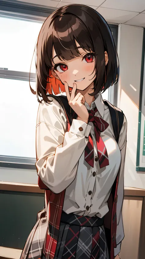 1 Girl、solo、Dark Brown Hair、Straight Hair、Blunt bangs、Bobcut、Wine red eyes、Knitted outerwear、white blouse shirt、Tartan Skirt、Upper body close-up、Cheeky Smile、Grin、Classroom after school