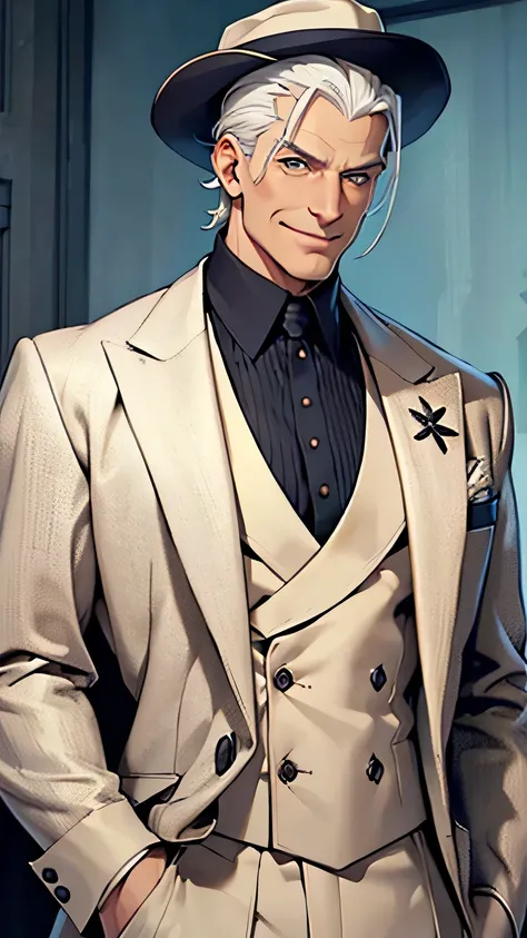 1old man, white hair, hair slicked back, blue eyes, wide-eyed, wrinkles skin, tall, stocky, Three-piece suit, Borsalino hat, european, grinning, evil smiling, high details, super detail, textured skin, anatomically correct, best quality