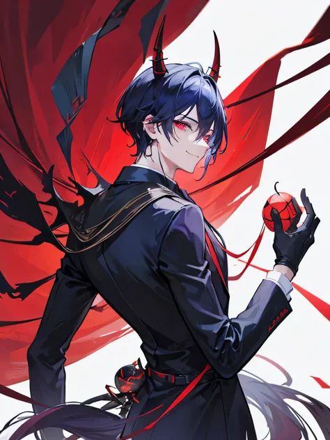 A handsome man, looking from the back, point of view, demon, butler, sly smiling, red crimson eyes color, dark blue hair color, demon horns, demon tails, wearing black gloves, web string wrap around him, puppeteer, controlling himself, strings himself, pla...