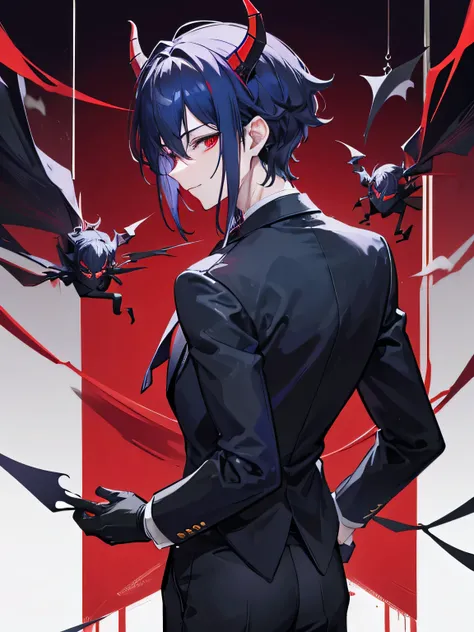 A handsome man, looking from the back, point of view, demon, butler, sly smiling, red crimson eyes color, dark blue hair color, demon horns, demon tails, wearing black gloves, web string wrap around him, puppeteer, controlling himself, strings himself, pla...