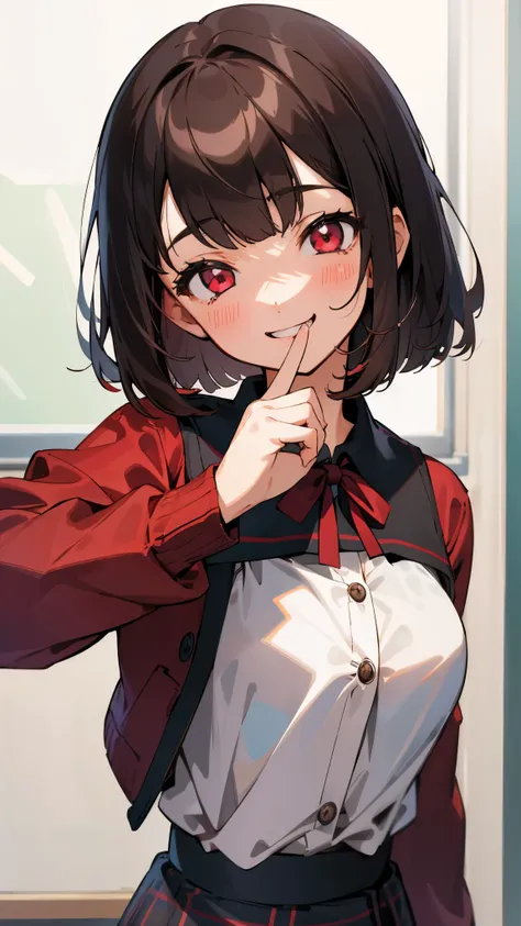 1 Girl、solo、Dark Brown Hair、Straight Hair、Blunt bangs、Bobcut、Wine red eyes、Knitted outerwear、white blouse shirt、Tartan Skirt、Upper body close-up、Cheeky Smile、Grin、Classroom after school