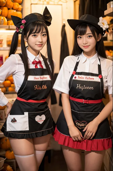 Working at a Halloween flower shop、girls wearing aprons and miniskirts（20 years old）