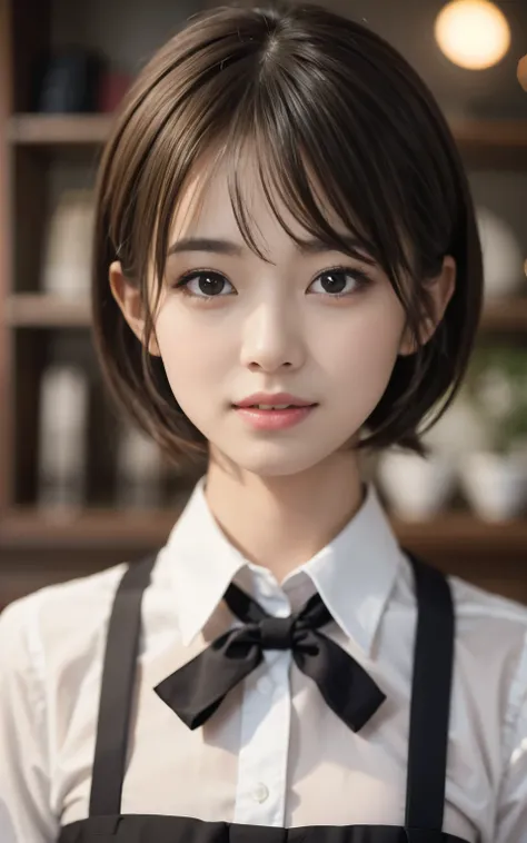 Cute 2 Japanese、apron, Black bow tie、Waitress、Nice cafe、Ultra detailed face、Pay attention to the details、double eyelid、Beautiful thin nose、Sharp focus:1.2、Beautiful woman:1.4、(Light brown hair,short hair、),Pure white skin、Please redeem、masterpiece、Ultra-hi...