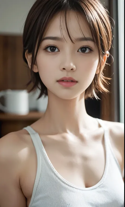 Cute 2 Japan、kitchen、Blue Tank Top、Ultra detailed face、Attention to detail、double eyelid、Beautiful thin nose、Sharp focus:1.2、Cute Woman:1.4、(Light brown hair、short hair、)、White skin、White socks、masterpiece、Ultra-high resolution、(Realistic:1.4)、breakfast、sa...