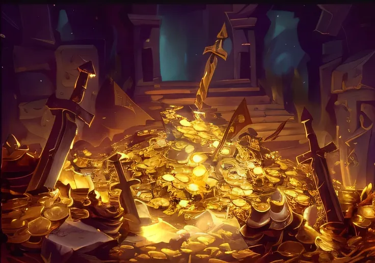 there was a pile of gold coins and a sword on the ground, hearthstone concept art, treasure background, looming over a horde of ...