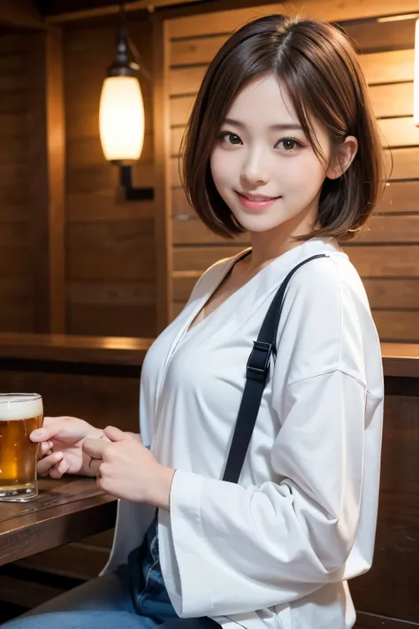 Cute Japanese college students、2、Izakaya、Beer 、Nice fall outfit、Ultra detailed face、Attention to detail、double eyelid、Beautiful thin nose、Sharp focus:1.2、Beautiful woman:1.4、(Light brown hair,Short Hair, ),White skin、Best Quality、masterpiece、Ultra-high res...