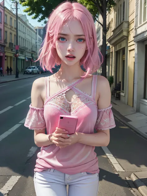 6girls, Many women, beautiful detailed eyes, horrified, scared, screaming, beautiful detailed lips, extremely detailed eyes and face, pink t-shirt, white jeans, standing on a street corner, award winning, intricate details, photorealistic, cinematic lighti...