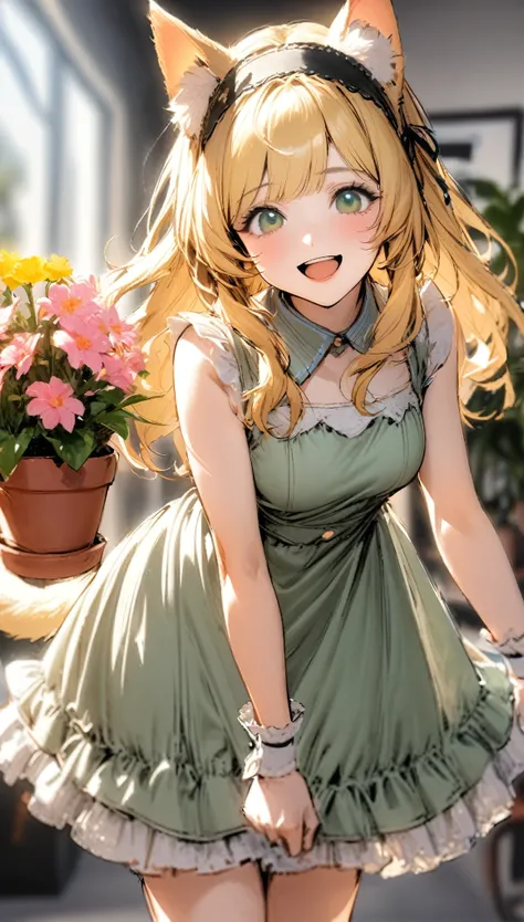 1girl, :d, animal ear fluff, animal ears, bangs, black hairband, blonde hair, blurry, blurry background, depth of field, dress, flower, flower pot, frilled dress, frills, green dress, green eyes, hairband, holding, long hair, open mouth, pink flower, plant...