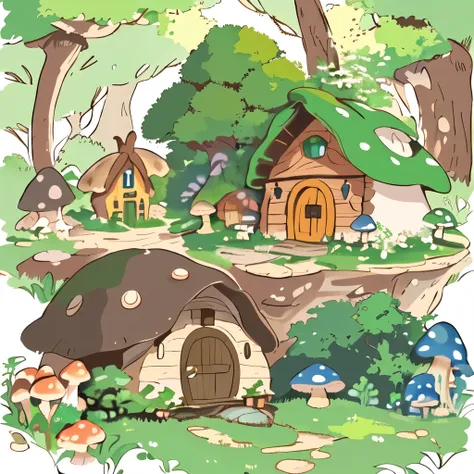 there is a small house made out of clay with a door, witch hut, mushroom house, elves house, mushroom hut in background, ghibli ...