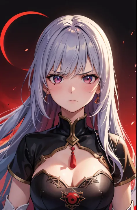 girl I have faced death And I managed to defeat it 1 girl, Alone, close up , upper body, front view, Looking at the viewer, angry face, wallpaper, red moon background, Teary eyes