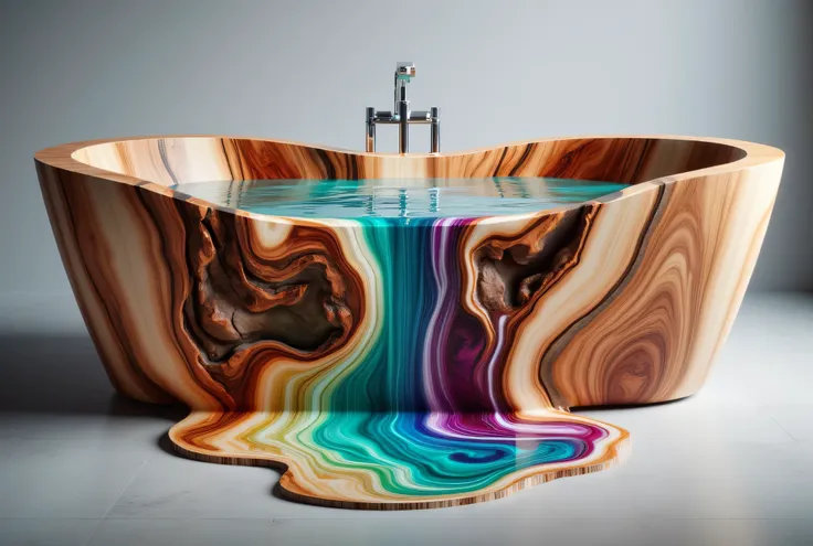 a highly detailed, digitally rendered photograph showcasing an extraordinary, surrealistic bathtub. the bathtub is crafted from ...