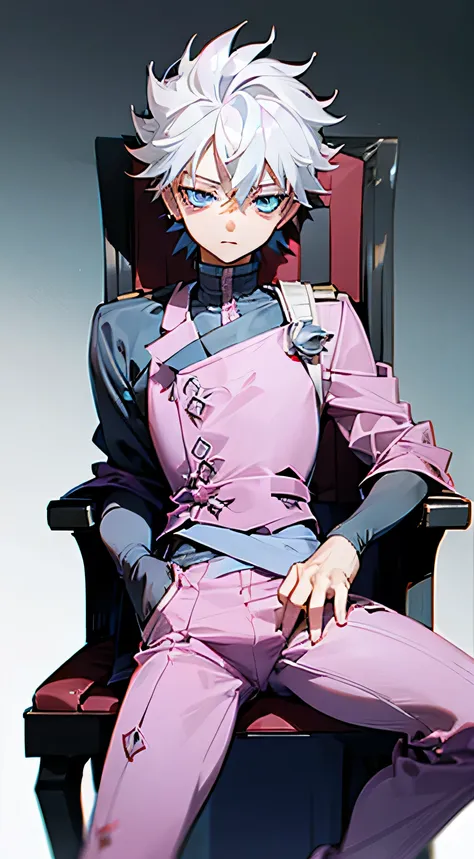 killua zoldyck anime character, adult, white hair, blue eyes, wearing a pink suit, sittingon the chair,  with a sharp gaze