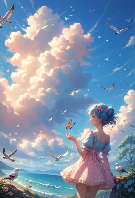 masterpiece, top quality, 1Girl, , gull, sky, cloud, polka_point, blue_sky, One, cloudy_sky, error, butterfly, day, blush, herd, outdoors, Abigail