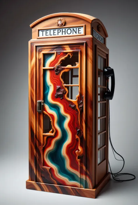 a high-resolution photograph of a unique, intricately crafted telephone booth. the booth is made from polished wood with a rich,...