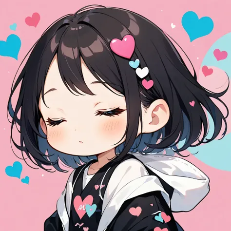 Blackstar Pink and White Style, Simple line initials，Abstract art，Urban Background, (((The most beautiful girl of all time))), Cute Face. (((Chibi))), Colorful Hearts, Kawaii design,sleeping face、Black Hair、Eyes closed