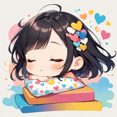 Blackstar Pink and White Style, Simple line initials，Abstract art，Urban Background, (((The most beautiful girl of all time))), Cute Face. (((Chibi))), Colorful Hearts, Kawaii design,sleeping face、Black Hair、Eyes closed