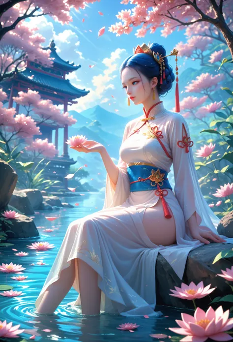 ancient chinese beauty, sitting on a rock, in ancient chinese costume, flowing blue tulle, light silk, lazy pose, large lotus le...