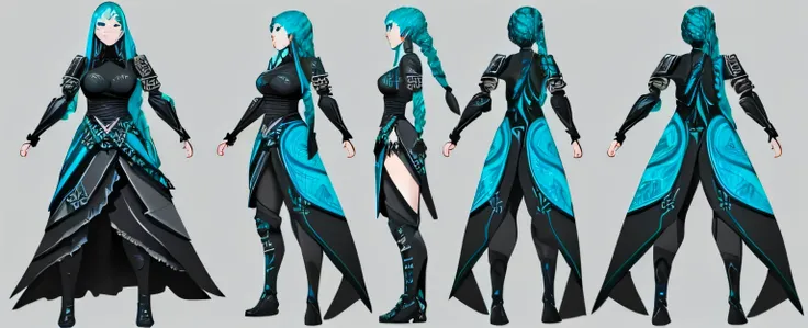 character turnaround sheet of a young woman in heavy patterned black/cyan knight armor, hair: black/turquoise war braid, eyes: grey-blue, she looks angry,