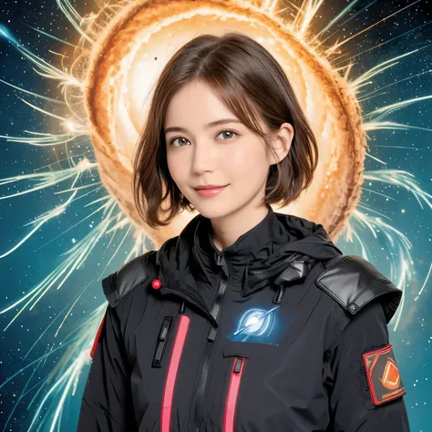 297 (20-year-old woman,short hair), (A kind smile), (colorful), (light vortex), (Fractal Glow), (Plasma Discharge), (Cumulonimbus)