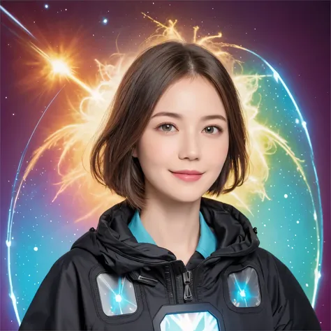 297 (20-year-old woman,short hair), (A kind smile), (colorful), (light vortex), (Fractal Glow), (Plasma Discharge), (Cumulonimbus)