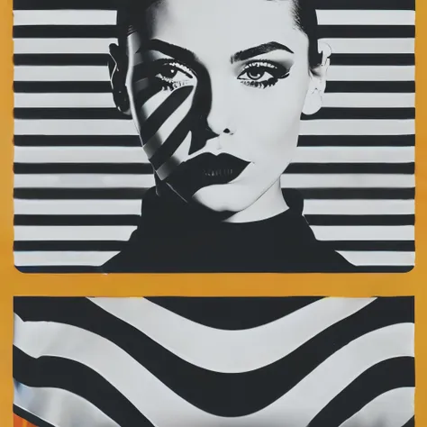 op art fashion, black and white, optical illusion, contoured curves、model with stripes across her face