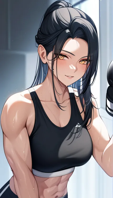 black hair,masterpiece,best quality,highres,ultra-detailed,aashizue,yellow eyes,long hair,(sports bra:1.2), boxing gloves, toned, muscular,sweating, (sleeveless:1.4)