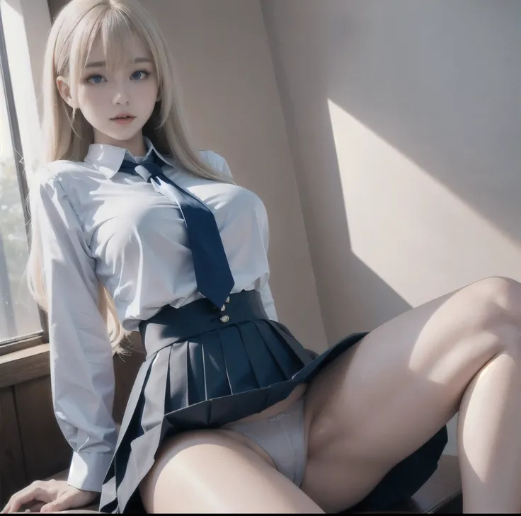 8K quality, Masterpiece, Bright lighting without shadows, Ultra-realistic, High chroma, A beautiful woman with a small waist and huge breasts, (Her clothes are stretched tight because of her huge breasts:1.2), Whitening skin, Platinum blonde with bangs and...