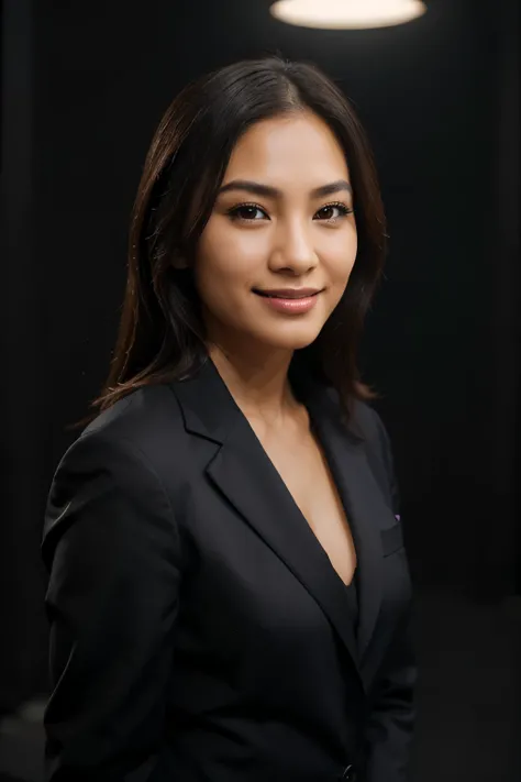 A beautiful woman, Thai-Latino, in a formal business suit, smiling, professional studio portrait photography, studio lighting, black background, detailed face, high quality, photorealistic, 8k, best quality, ultra-detailed, physically-based rendering, vivi...