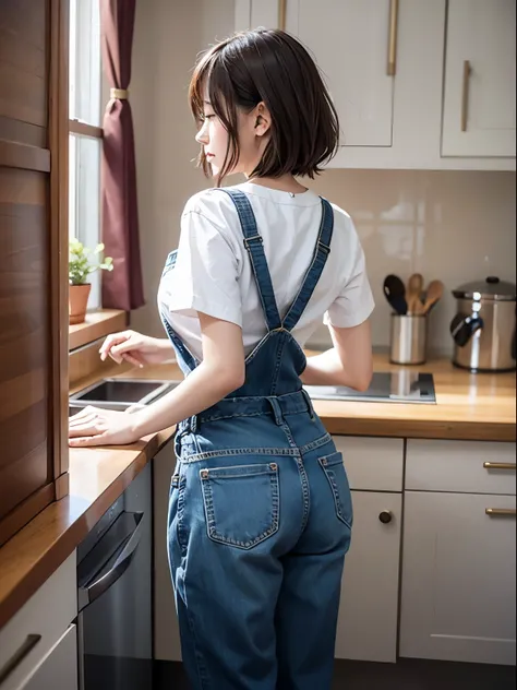 Japanese、２１age、Female college student、cute、masterpiece、kitchen、Woman cooking in the kitchen、2、Genuine、apron、Long trousers、Light brown hair、short hair、((Please redeem、8k、Representative works：1.3) )、nsfw、Photorealistic Superwoman、masterpiece