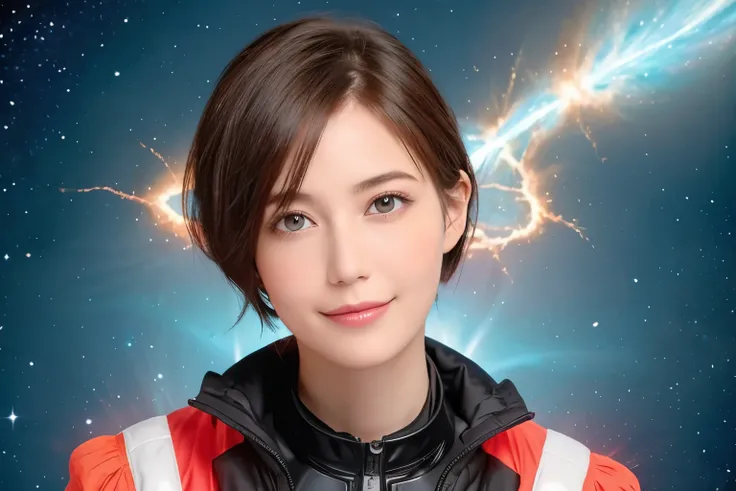 297 (20-year-old woman,short hair), (A kind smile), (colorful), (light vortex), (Fractal Glow), (Plasma Discharge), (Cumulonimbus)