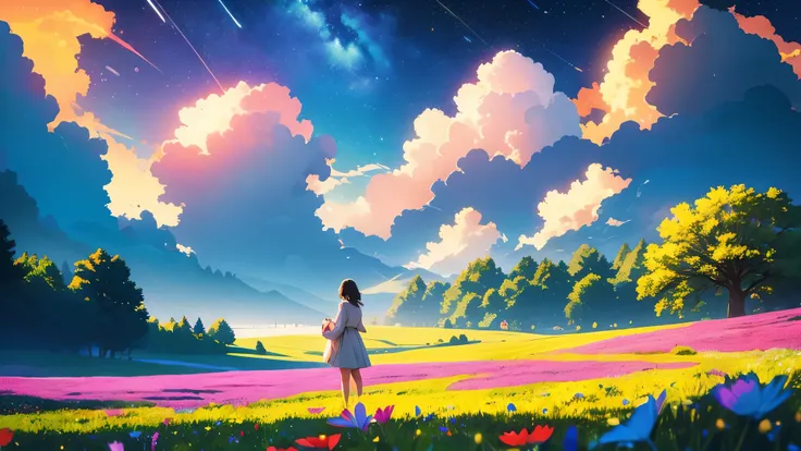 1 woman alone, standing, looking at camera with smile, showcasing a lush meadow filled with colorful wildflowers, a clear blue sky with fluffy clouds, and a single majestic tree standing in the middle; bright and cheerful color temperature, cosmos lighting...