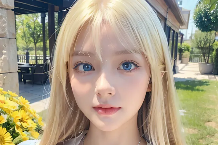 One beautiful girl、Portrait、、blue sky、bright and beautiful babyface、young, super Very white shiny skin、The best beauty、Super long blonde hair with dazzling light reflections、Beautiful natural platinum blonde super long silky straight hair、long bangs betwee...
