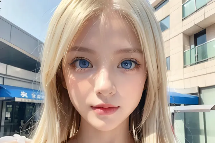 One beautiful girl、Portrait、、blue sky、bright and beautiful babyface、young, super Very white shiny skin、The best beauty、Super long blonde hair with dazzling light reflections、Beautiful natural platinum blonde super long silky straight hair、long bangs betwee...