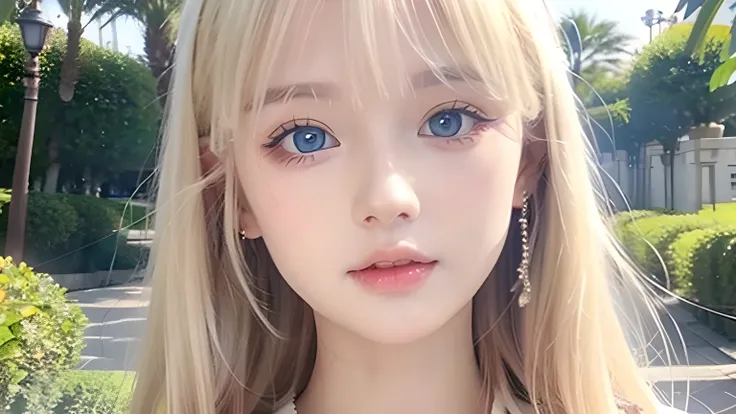 One beautiful girl、Portrait、、blue sky、bright and beautiful babyface、young, super Very white shiny skin、The best beauty、Super long blonde hair with dazzling light reflections、Beautiful natural platinum blonde super long silky straight hair、long bangs betwee...